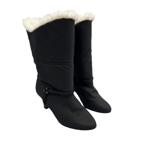 R.O.C. Vintage Black Nylon Mid Calf Faux Fur Pointed Toe Cone Heel Pull On Boots - Picture 7 of 12